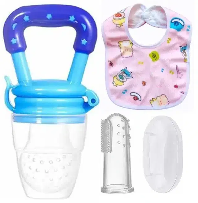 Silicone Fruit Feeder with Finger Brush & Bib for Kids, Multicolor, Set of 3