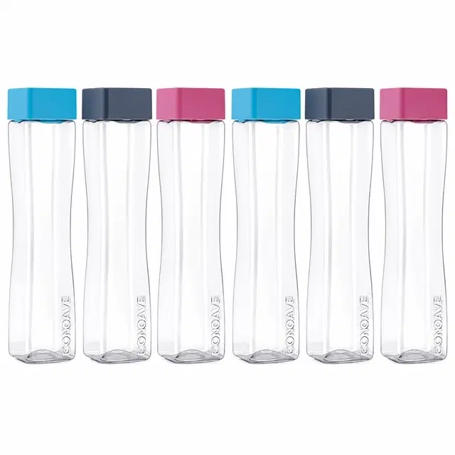 KS Concave Plastic water bottle With Square Cap, Square Shape Water Bottle For Gym, School, Office [Multicolor, Pack of 6]