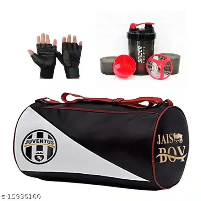 Combo of Gym Bag with Shaker Bottle, 600 ml, Gloves, Multicolor, Set of 3