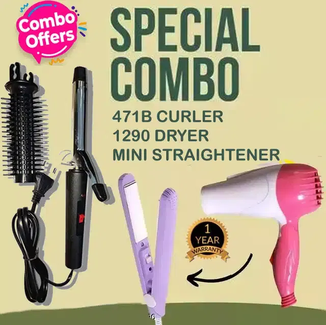 Mini Straightener, Curler & Hair Dryer Combo, Multicolor, Set of 3