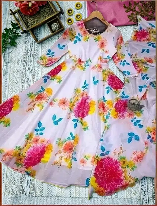 Georgette Printed Gown with Dupatta for Girls (Multicolor, XS)