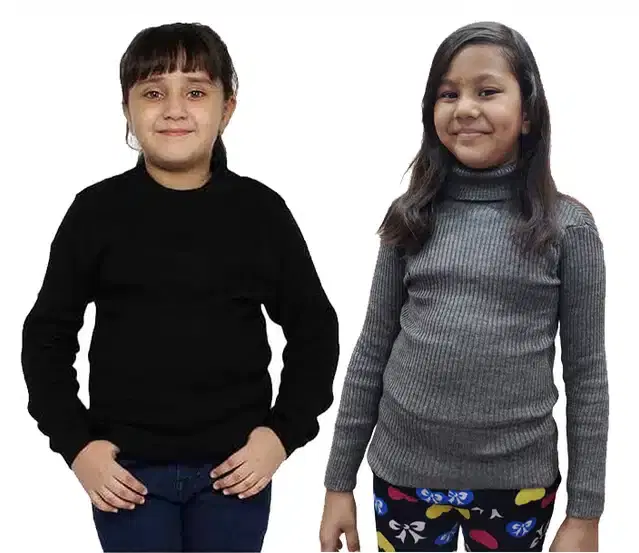 Full Sleeves Solid Sweater for Girls, Pack of 2 (Black & Grey, 0-3 Months)