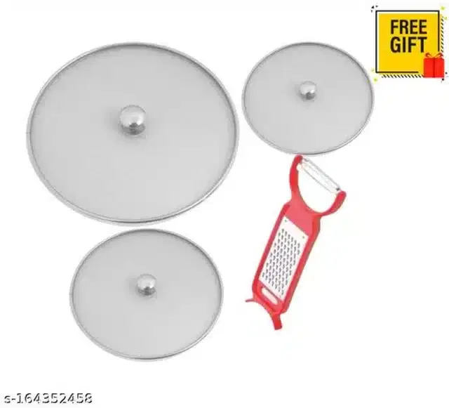 Stainless Steel Net Lids, 3 Pcs with Peeler, Red & Silver, Set of 4