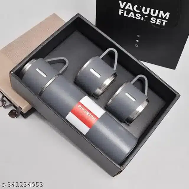 Stainless Steel Water Bottle with 2 Pcs Cups, Grey, Set of 2