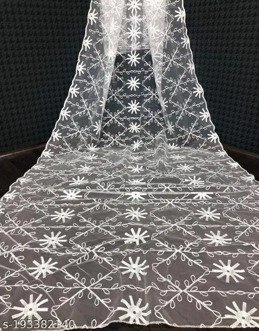 Checked Embroidered Net Dupatta for Women (White, Free Size)