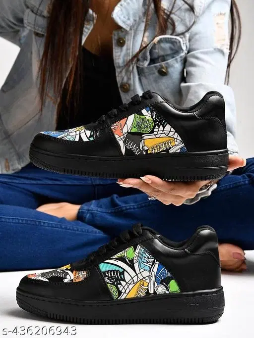 Printed Synthetic Sneakers for Girls (Multicolor, 13-14 Years)