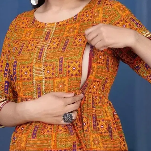 Rayon Printed Feeding Kurti for Women, Yellow (S)