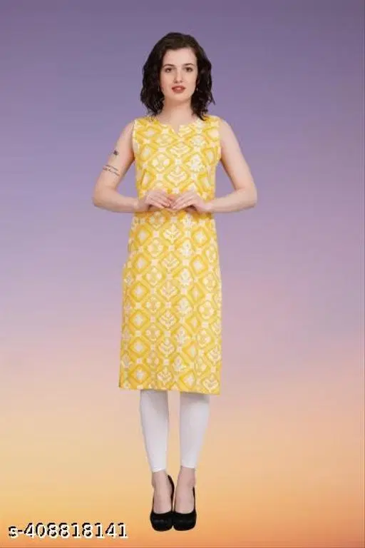 Polycotton Printed Kurti for Women, Yellow (S)