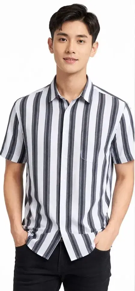 Striped Casual Shirts for Men (White & Black, S)