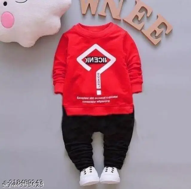 Cotton Printed Clothing Set for Kids (Red & Black, 12-18 Months)