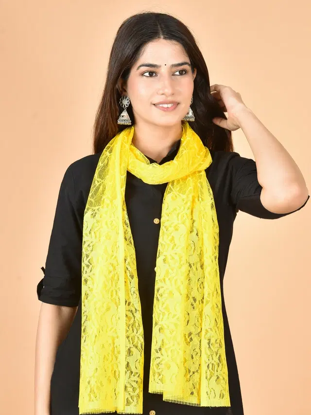 Net Self-Design Dupatta for Women (Yellow, 2.2 m)