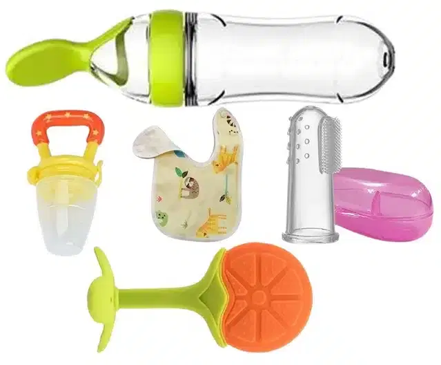 Silicone Fruit & Food Feeder, Bid, Teether with Finger Toothbrush for Kids, Multicolor, Set of 5