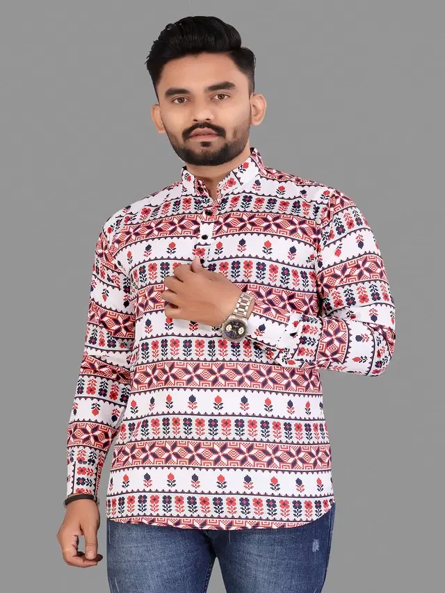 Cotton Blend Printed Kurta for Men (Red, M)