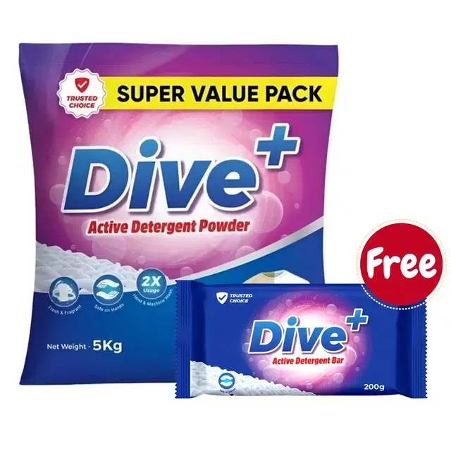 Dive+ Active Detergent Powder 5 Kg + Dive+ Detergent Bar 200 g (Free)