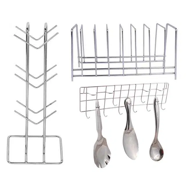 Stainless Steel Cup Stand & Plate Stand & Hook Rail For Kitchen, Set of 3, OC-011