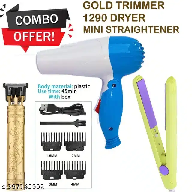 Combo of Hair Straightener with Dryer and Trimmer for Men & Women, Multicolor, Set of 3