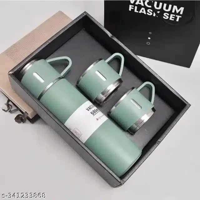 Stainless Steel Water Bottle with 2 Pcs Cups, Green, Set of 2