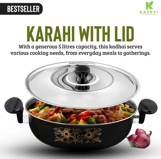 Cast Iron Kadai with Lid, Black & Silver, 28 cm