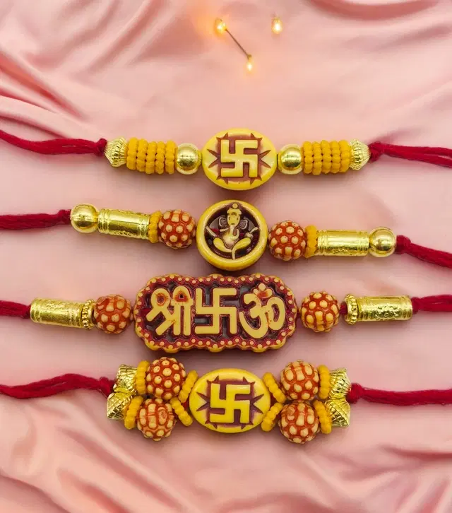 Handmade Designer Rakhi with Roli Chawal, Multicolor, Pack of 4