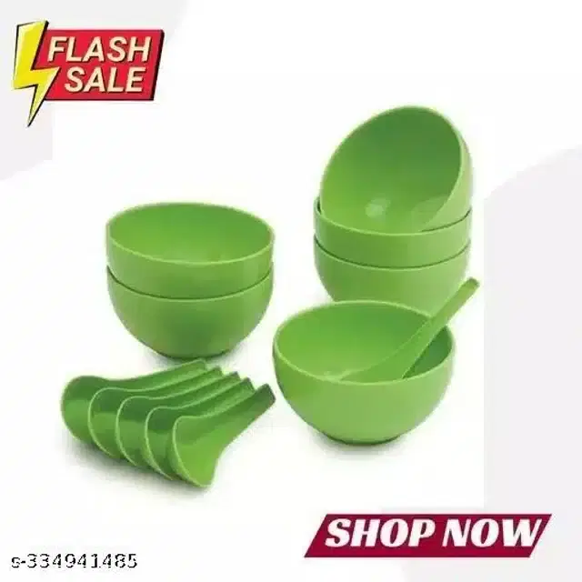 Plastic 6 Pcs Bowls, 250 ml with 6 Pcs Spoons, Green, Set of 2