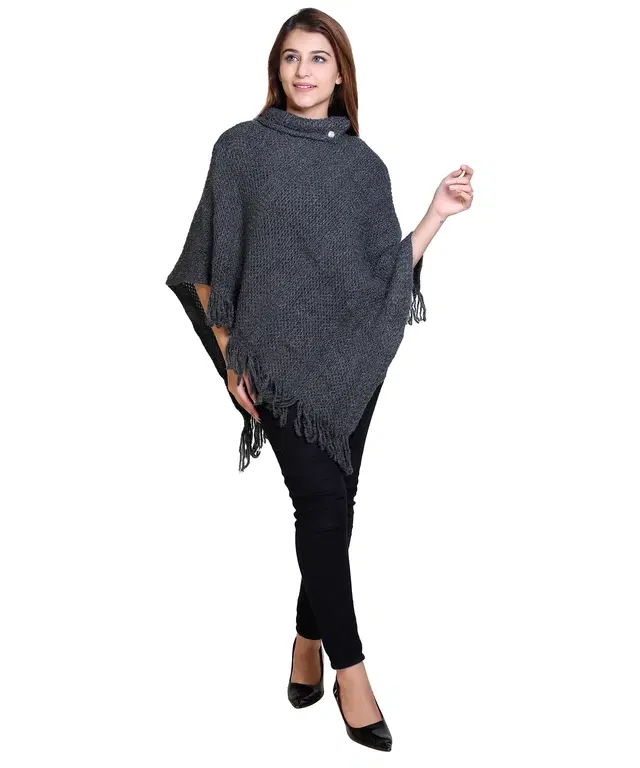 Woolen Self-Design Ponchos for Women (Dark Grey, S)