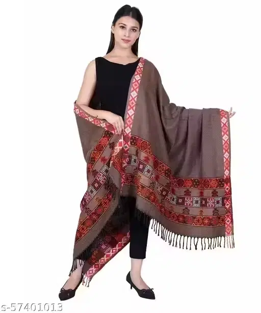 Woollen Printed Shawl For Women, Brown