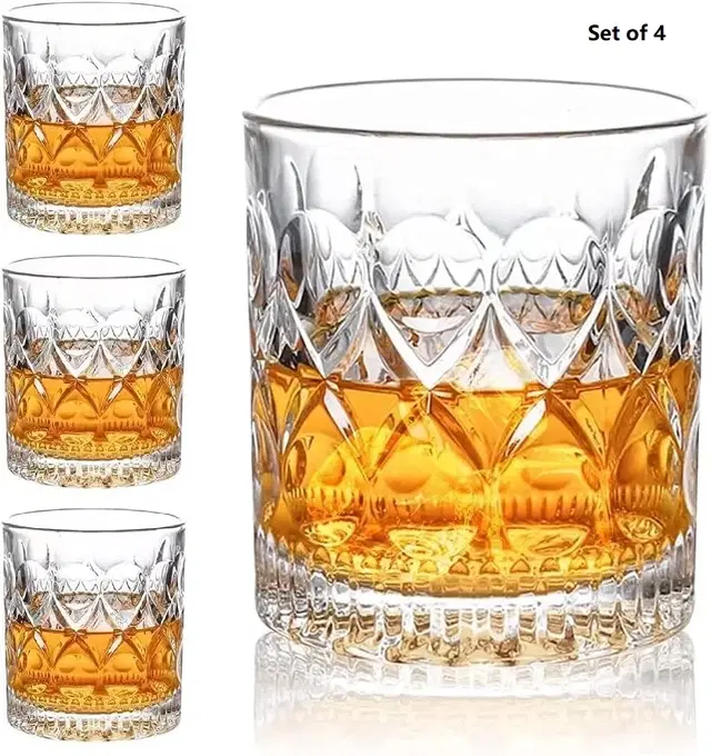 Afast Fashioned Whiskey Glass - Heavy Base Rocks Barware Glasses for Scotch, Mixed Drinks, Wine,,Cocktail Drinks, 300 ml, Glass, Clear -Pack of 4