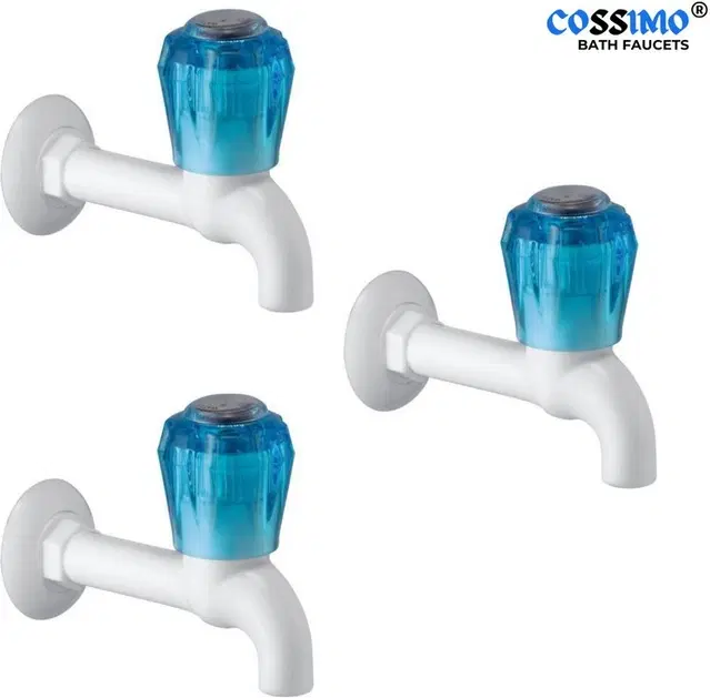 Plastic Long Body Bib Cock Tap with Wall Flange, White, Set of 3