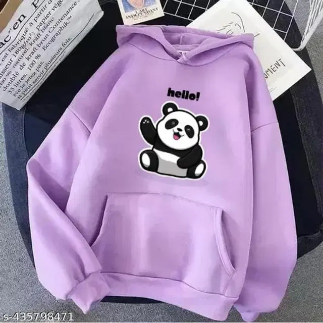 Fleece Printed Hoodie for Women (Lavender, M)
