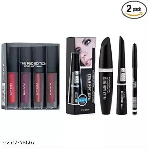 Rsentera Combo Of 4 Shade Mini Red Edition Liquid Lipstick Waterproof Glitter Eyeliner, 3 In 1 Eyeliner, Mascara & Black Kajal