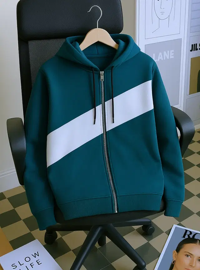Cotton Blend Colorblocked Hooded Jacket for Men, Green (S)