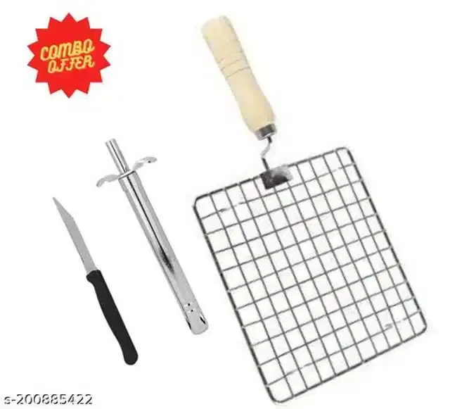 Stainless Steel BBQ Grill with Kitchen Knife & Gas Lighter, Black & Silver, Set of 3
