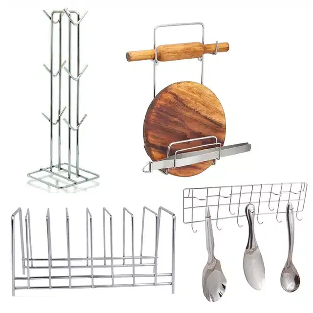 Oc9 Stainless Steel Chakla Belan Stand & Cup Stand & Plate Stand & Wall Mounted Ladle Hook Rail For Kitchen, Oc-256