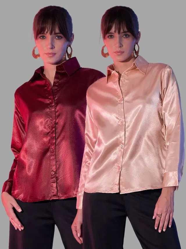 Full Sleeves Solid Shirt for Women, Pack of 2 (Maroon & Beige, S)