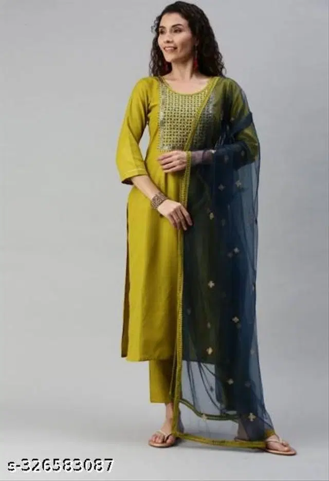 Cotton Blend Embroidered Kurta with Pant & Dupatta for Women (Multicolor, S)