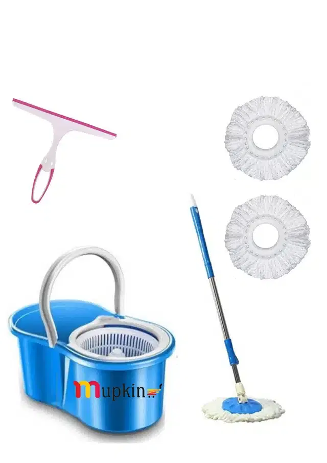 PVC Magic Spin Bucket Mop with 3 Refills & Cleaning Wiper Set, Blue, Set of 2