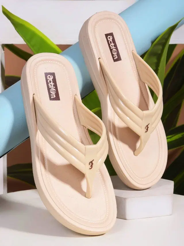 action Casual Slippers for Women (Beige, 4)