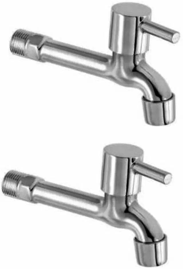 Stainless Steel Long Body Bib Cock Tap with Wall Flange, Silver, Set of 2
