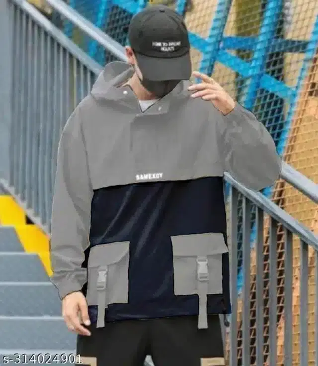 Nylon Full Sleeves Solid Jacket for Men (Grey & Navy Blue, L)