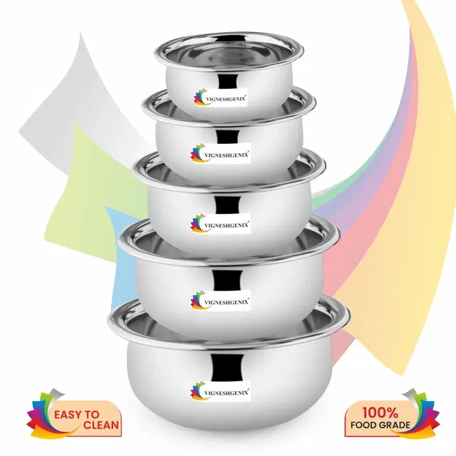 Stainless Steel Copper Bottom Handi Pot Set with Lid, Silver, Set of 5
