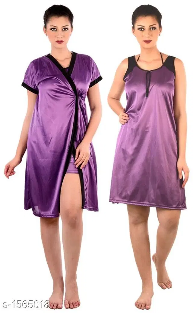 Satin Nightdress Set for Women (Purple, M)