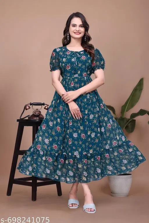 Maxi Floral Printed One Piece Dress (Green, S)
