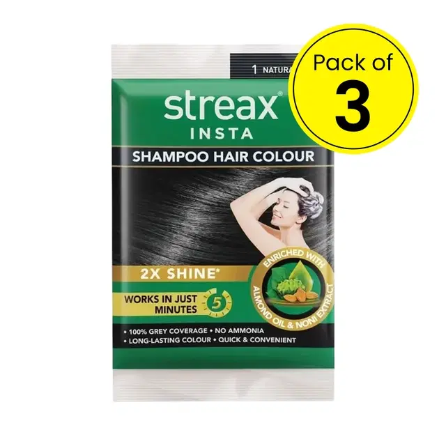 Streax Insta Shampoo Hair Colour Natural Black 1, 3X18 ml (pack of 3)