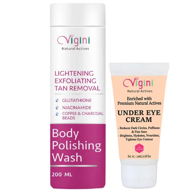 Vigini Natural Under Eye Cream, 20 ml with Body Polishing Wash, 200 ml, Set of 2