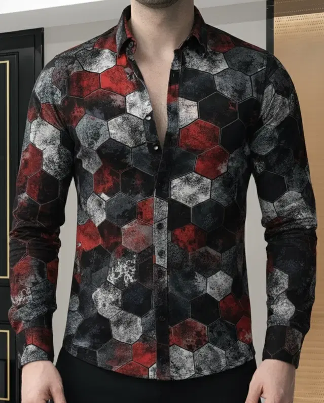 Lycra Geometric Print Shirt for Men, Red (S)