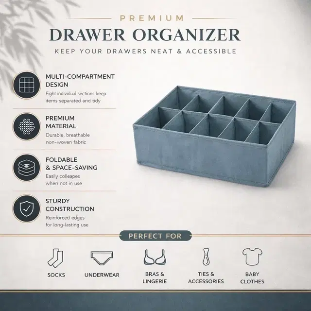 Wardrobe Clothes Organizer, Nonwoven Fabric Durable with 8 Grids partition 32*15*10cm