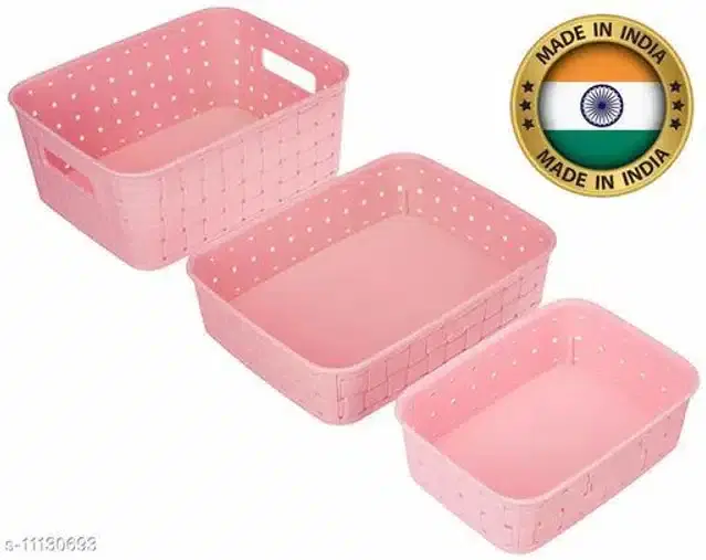 Plastic Storage Basket for Kitchen, Pink, Pack of 3