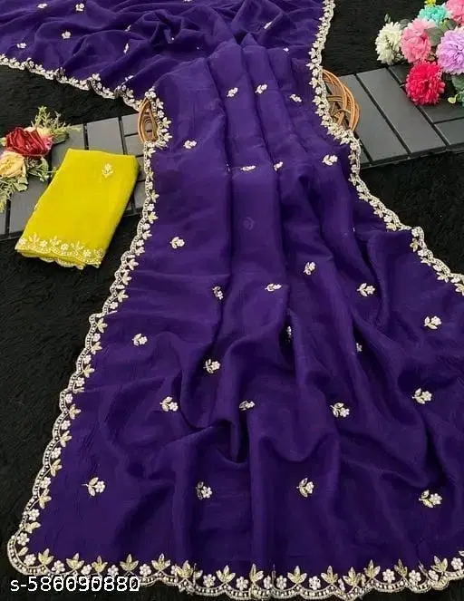 Chiffon Embellished Saree For Women, Purple