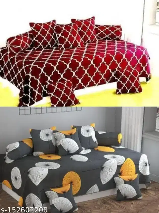 Polycotton Diwan Cover Set, Maroon & Grey, Combo of 2