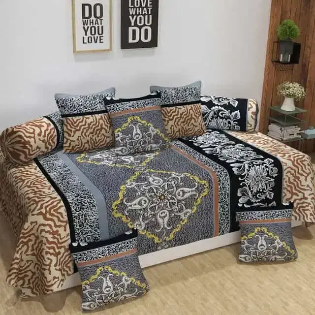 Adirav Polycotton Feel Single Bed Sheet, 2 Bolster covers & 5 Cushion Covers, Beige, ADRV-DW-71